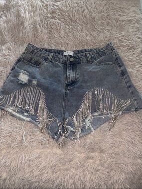 N1 Distressed Denim Shorts with Rhinestone Fringe